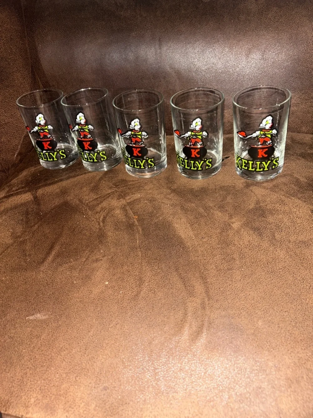 Vintage (5) Kelly's Chilli Liqueur Glass Promo-Rare Decor Leprechaun Prop set